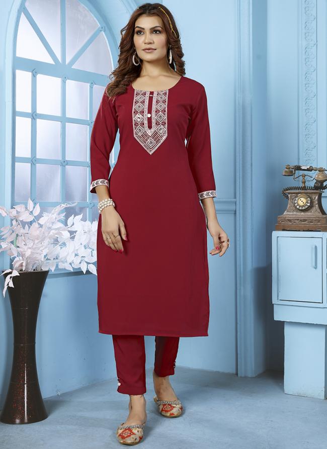 Cotton Red Casual Wear Embroidery Work Kurti With Pant